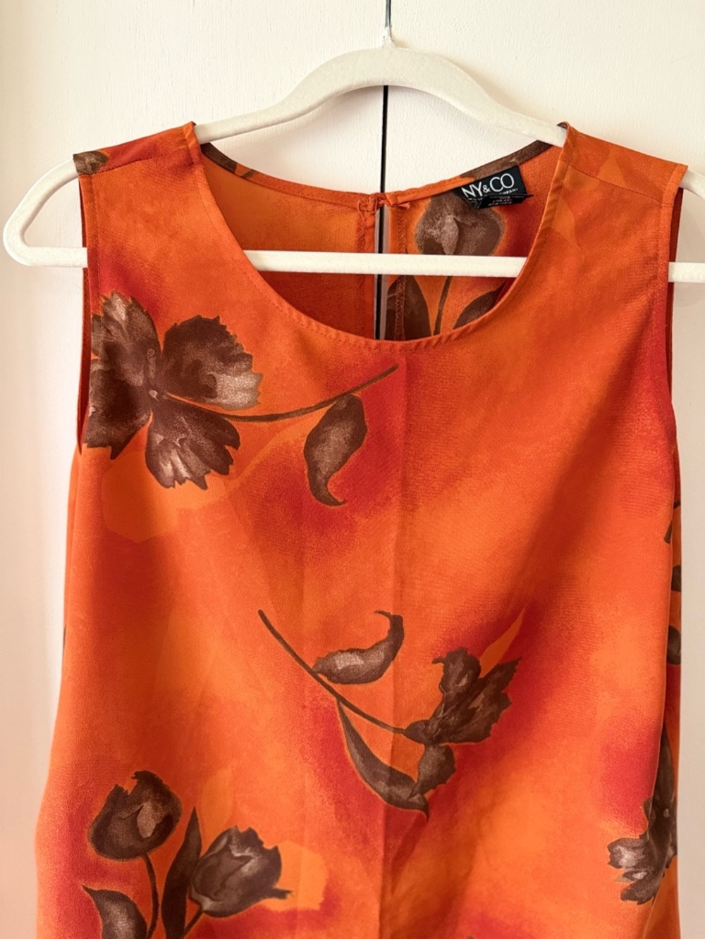New York & Company Orange Brown Floral Mini Dress Button Slip Dress Vintage 14 - Picture 7 of 10